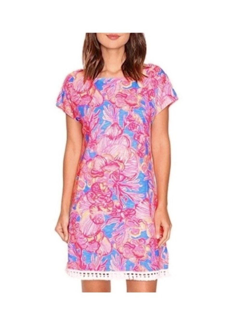 Lilly Pulitzer Tilla Dress Pink Blue Fan Tastic Fringe Size XL Beach Resort